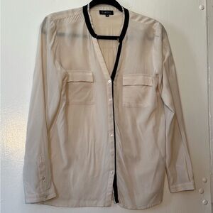 Caroll Button-Up Silk Blouse with Black Trim